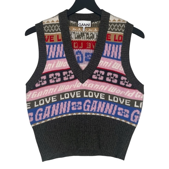 Ganni Sweaters - Ganni Size S Graphic Logo V-Neck Sweater Vest Multicolor